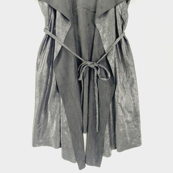 NEW BLVD Black Faux Leather Long Open Front Waist Tie Vest P7060 - Picture 3 of 8